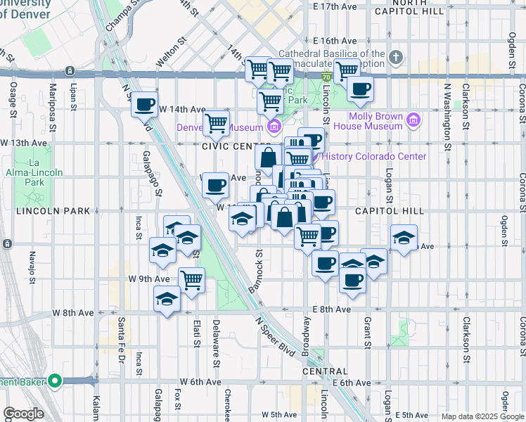 map of restaurants, bars, coffee shops, grocery stores, and more near 128 West 11th Avenue in Denver