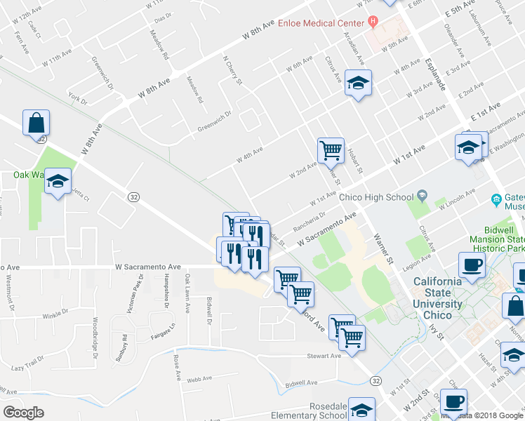 map of restaurants, bars, coffee shops, grocery stores, and more near 1126 North Cedar Street in Chico