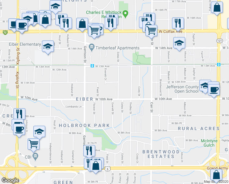 map of restaurants, bars, coffee shops, grocery stores, and more near 1025 Estes Street in Lakewood