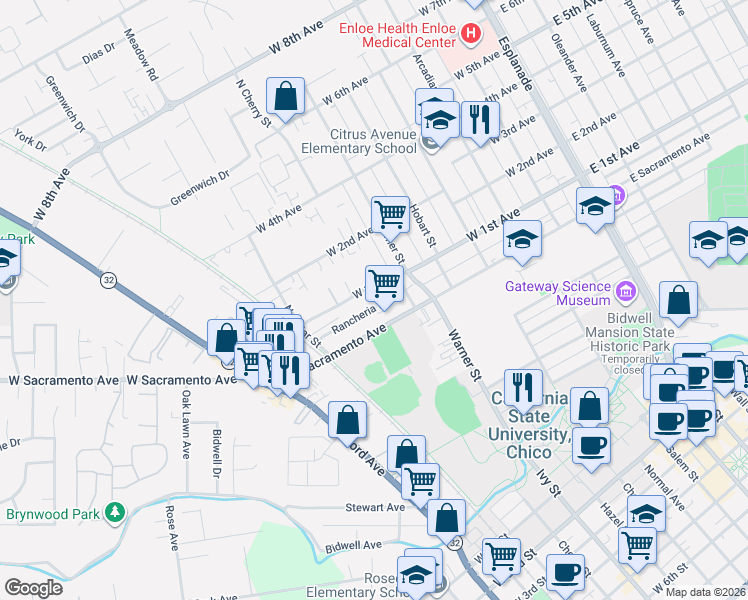 map of restaurants, bars, coffee shops, grocery stores, and more near 618 Rancheria Drive in Chico
