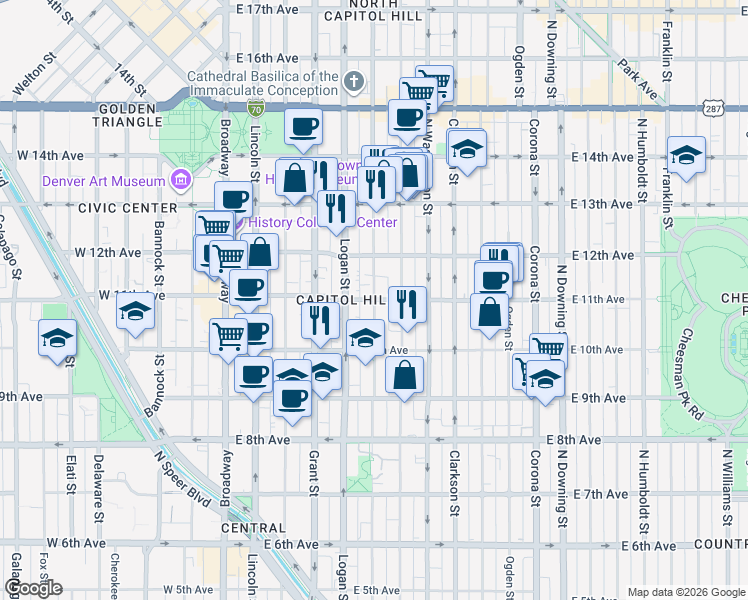 map of restaurants, bars, coffee shops, grocery stores, and more near East 11th Avenue & Pennsylvania Street in Denver