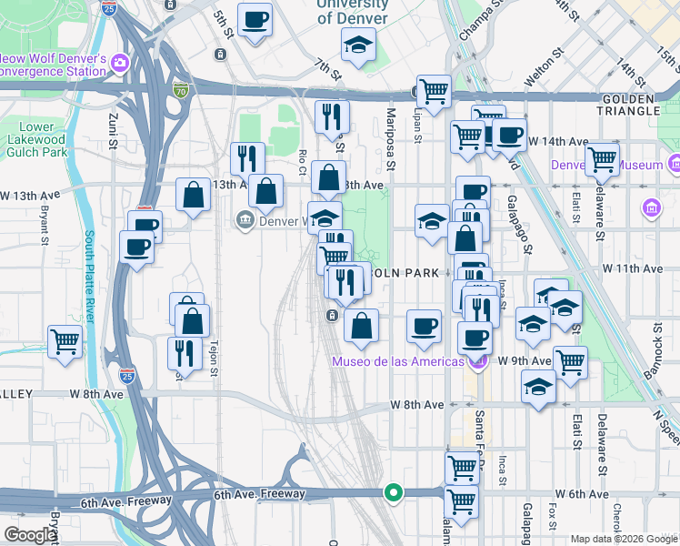 map of restaurants, bars, coffee shops, grocery stores, and more near W 11th Ave & Osage St in Denver