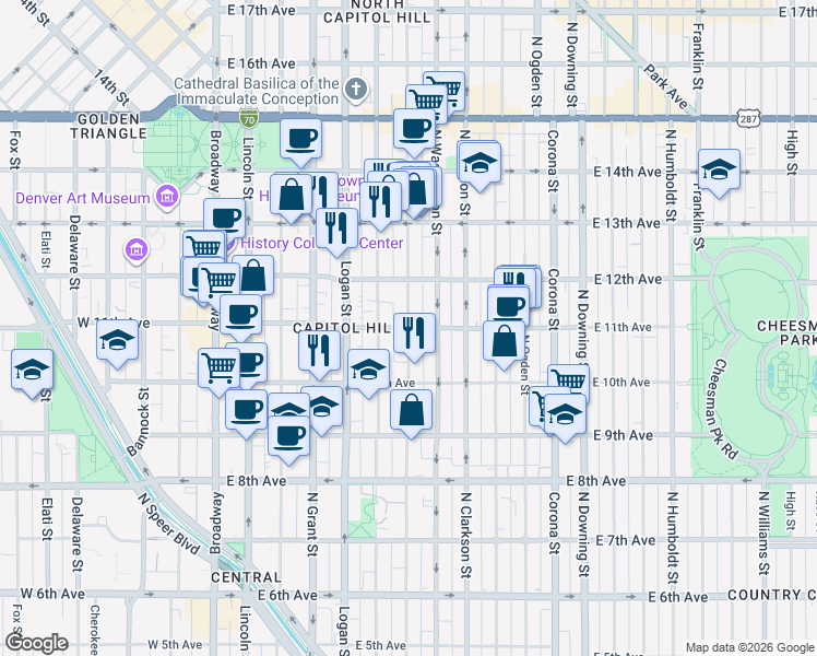 map of restaurants, bars, coffee shops, grocery stores, and more near East 11th Avenue & Pearl Street in Denver