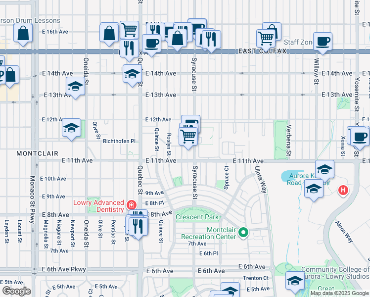 map of restaurants, bars, coffee shops, grocery stores, and more near 1118 Rosemary Street in Denver