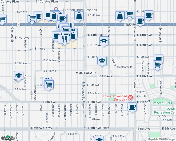 map of restaurants, bars, coffee shops, grocery stores, and more near 1122 Magnolia Street in Denver