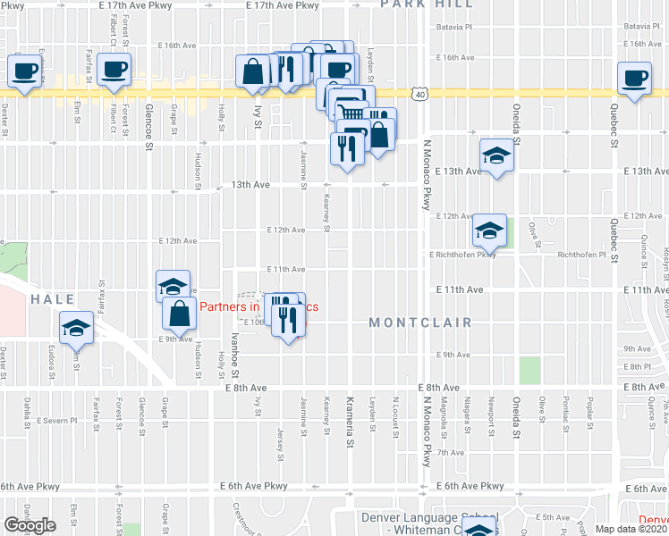 map of restaurants, bars, coffee shops, grocery stores, and more near 6030 East 11th Avenue in Denver