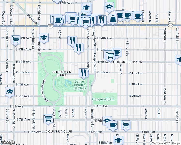 map of restaurants, bars, coffee shops, grocery stores, and more near 2317 East 11th Avenue in Denver