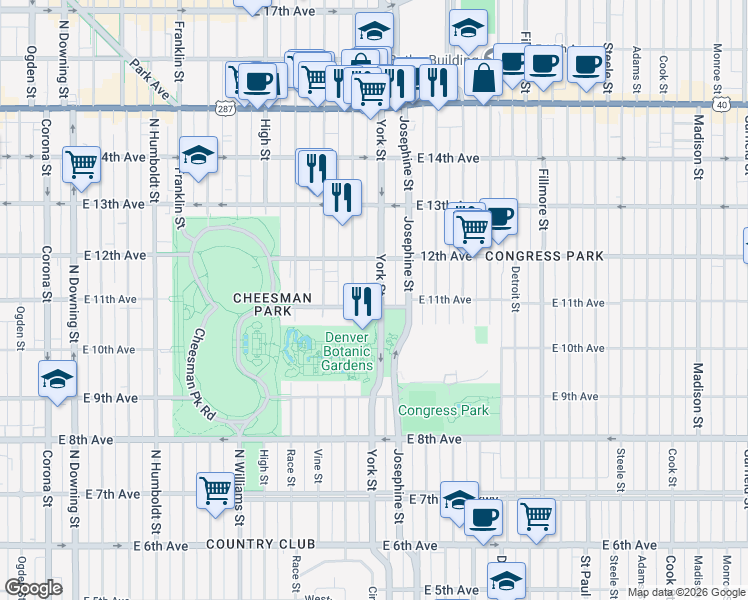 map of restaurants, bars, coffee shops, grocery stores, and more near 2317 East 11th Avenue in Denver
