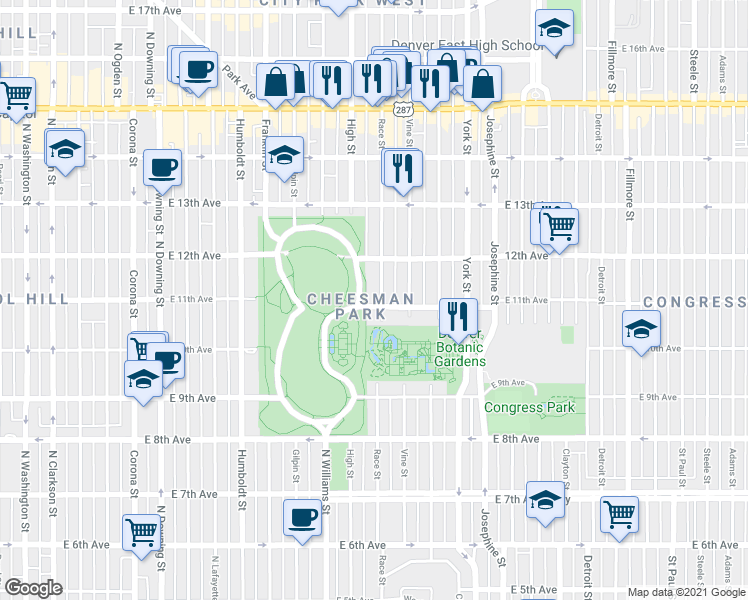 map of restaurants, bars, coffee shops, grocery stores, and more near in Denver