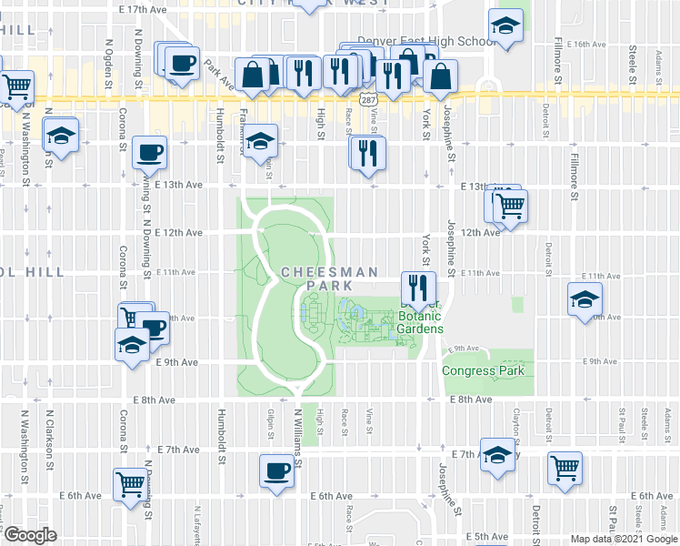 map of restaurants, bars, coffee shops, grocery stores, and more near 1111 Race Street in Denver