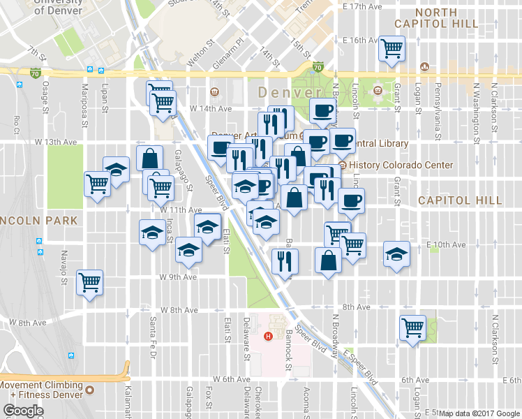 map of restaurants, bars, coffee shops, grocery stores, and more near 1062 Delaware Street in Denver
