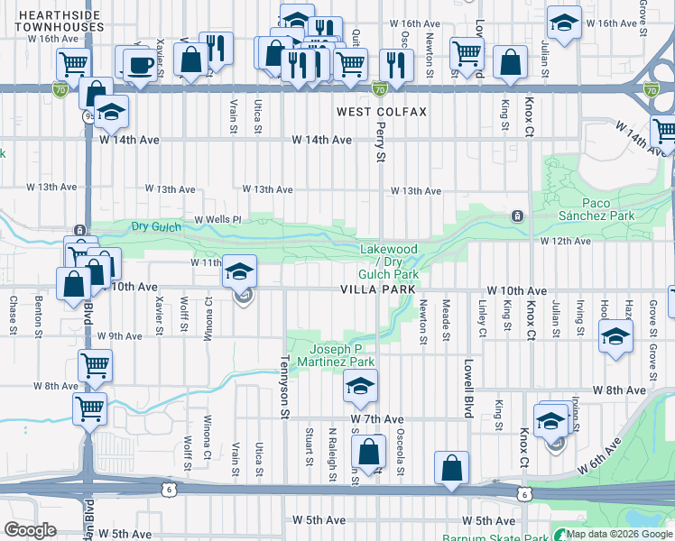 map of restaurants, bars, coffee shops, grocery stores, and more near 1025 Raleigh Street in Denver