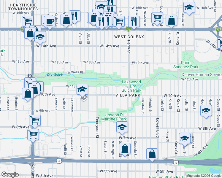 map of restaurants, bars, coffee shops, grocery stores, and more near 1025 Raleigh Street in Denver