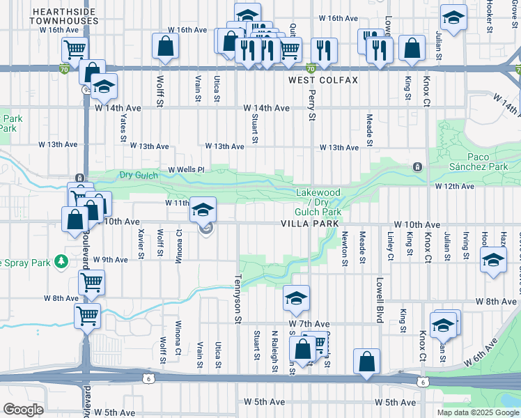 map of restaurants, bars, coffee shops, grocery stores, and more near 1025 Raleigh Street in Denver