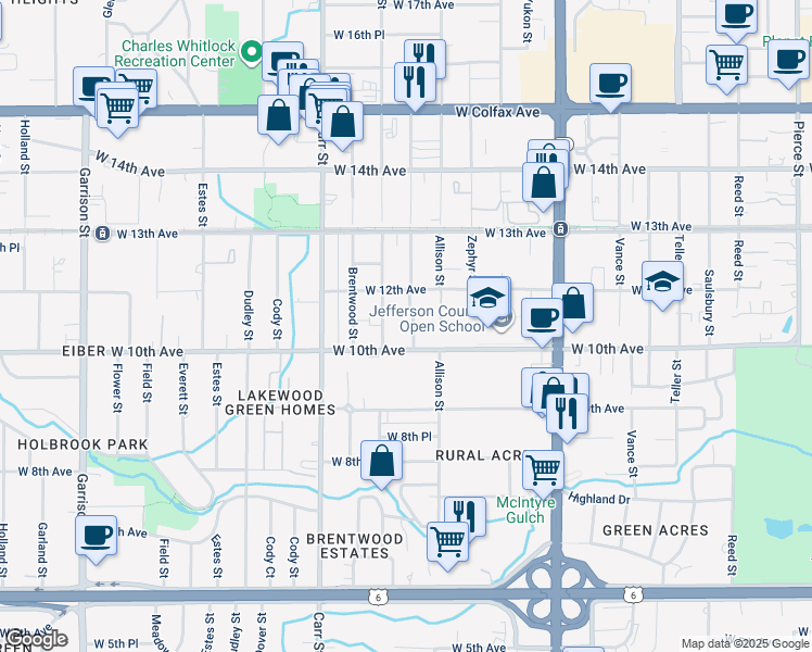 map of restaurants, bars, coffee shops, grocery stores, and more near 1050 Ammons Street in Lakewood