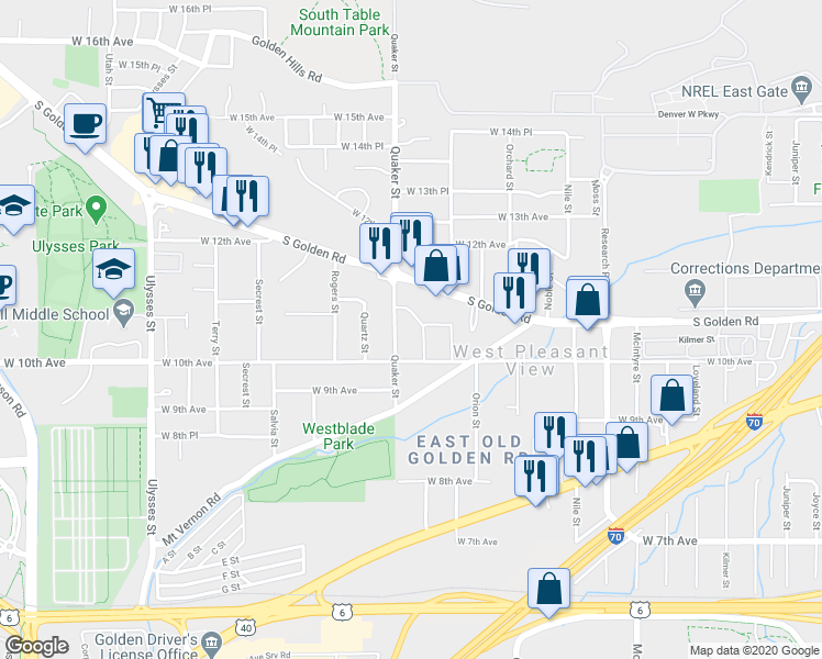 map of restaurants, bars, coffee shops, grocery stores, and more near 16259 West 10th Avenue in Golden