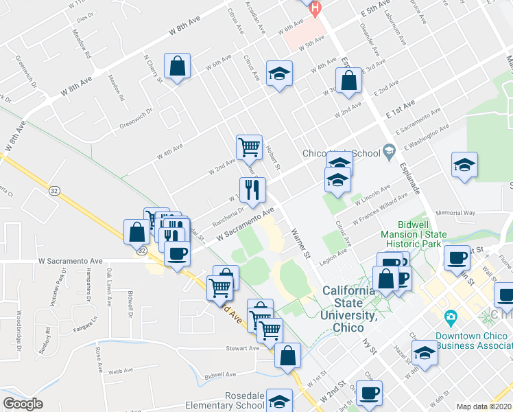 map of restaurants, bars, coffee shops, grocery stores, and more near 613 Rancheria Drive in Chico