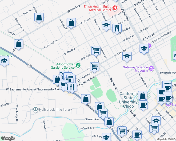 map of restaurants, bars, coffee shops, grocery stores, and more near 725 West 1st Avenue in Chico