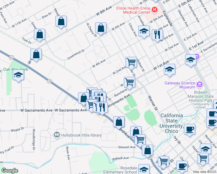 map of restaurants, bars, coffee shops, grocery stores, and more near 806 West 1st Avenue in Chico