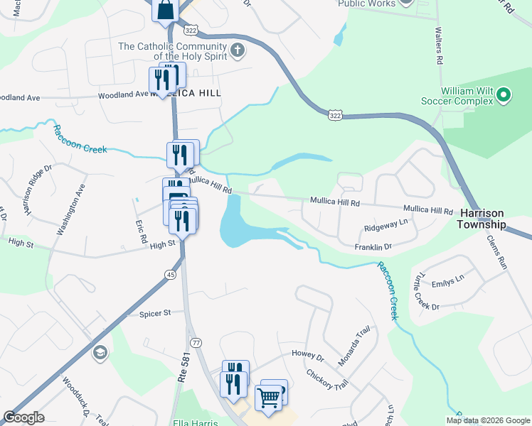 map of restaurants, bars, coffee shops, grocery stores, and more near 132 Mullica Hill Road in Mullica Hill