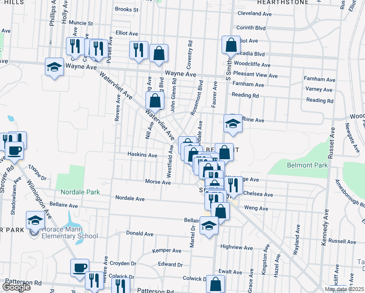 map of restaurants, bars, coffee shops, grocery stores, and more near 532 Watervliet Avenue in Dayton