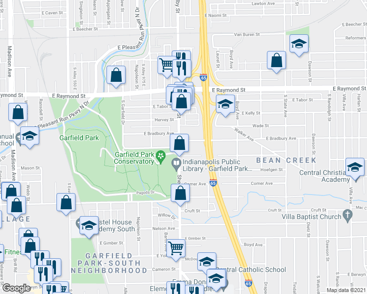 map of restaurants, bars, coffee shops, grocery stores, and more near 2419 Shelby Street in Indianapolis