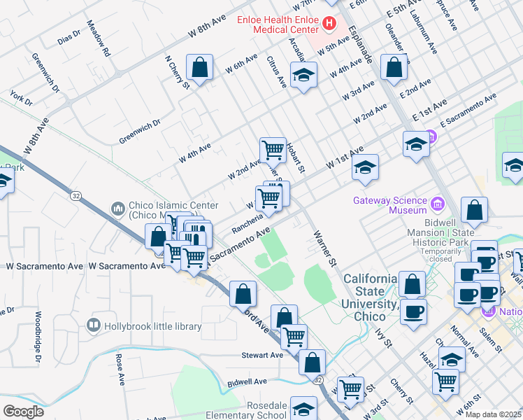 map of restaurants, bars, coffee shops, grocery stores, and more near 618 Rancheria Drive in Chico