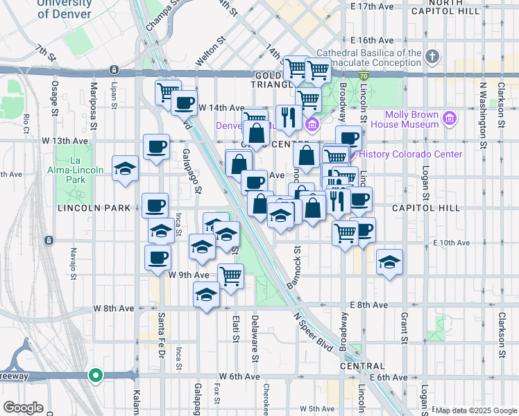 map of restaurants, bars, coffee shops, grocery stores, and more near 1080 Delaware Street in Denver