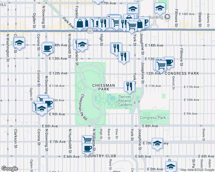 map of restaurants, bars, coffee shops, grocery stores, and more near 1111 Race Street in Denver