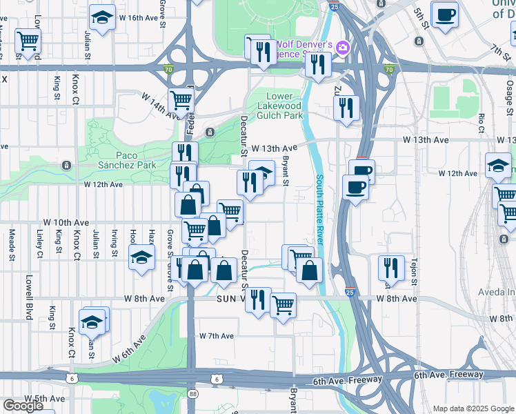 map of restaurants, bars, coffee shops, grocery stores, and more near 2776 West 11th Avenue in Denver