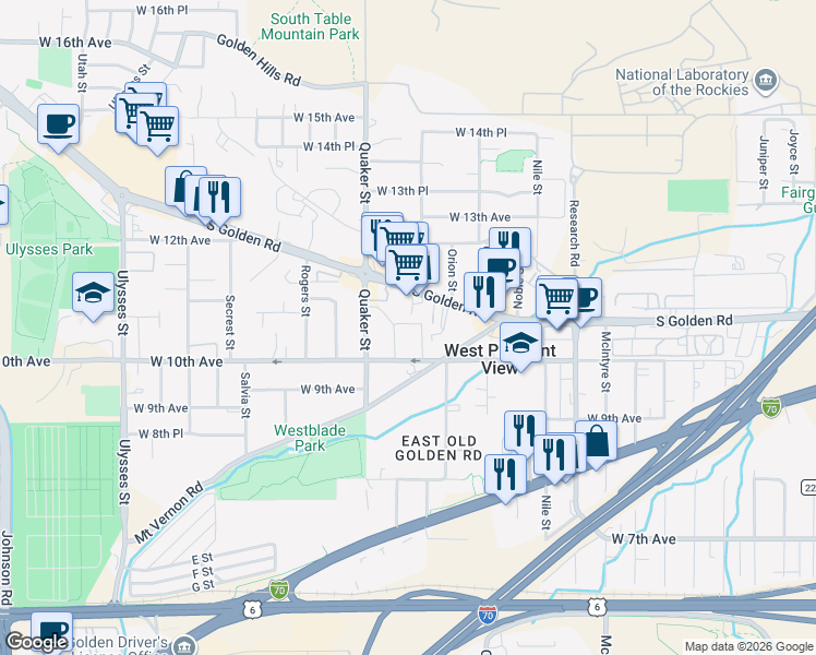 map of restaurants, bars, coffee shops, grocery stores, and more near 16259 West 10th Avenue in Golden