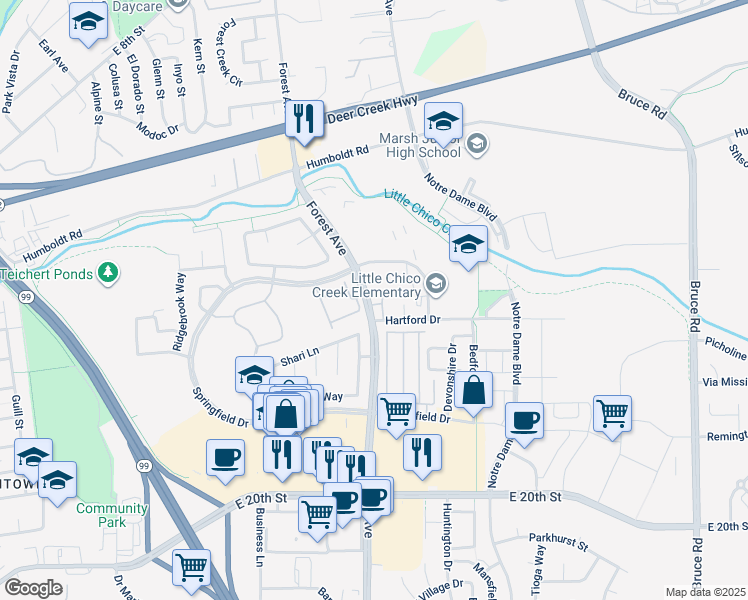map of restaurants, bars, coffee shops, grocery stores, and more near 27 Forest Avenue in Chico