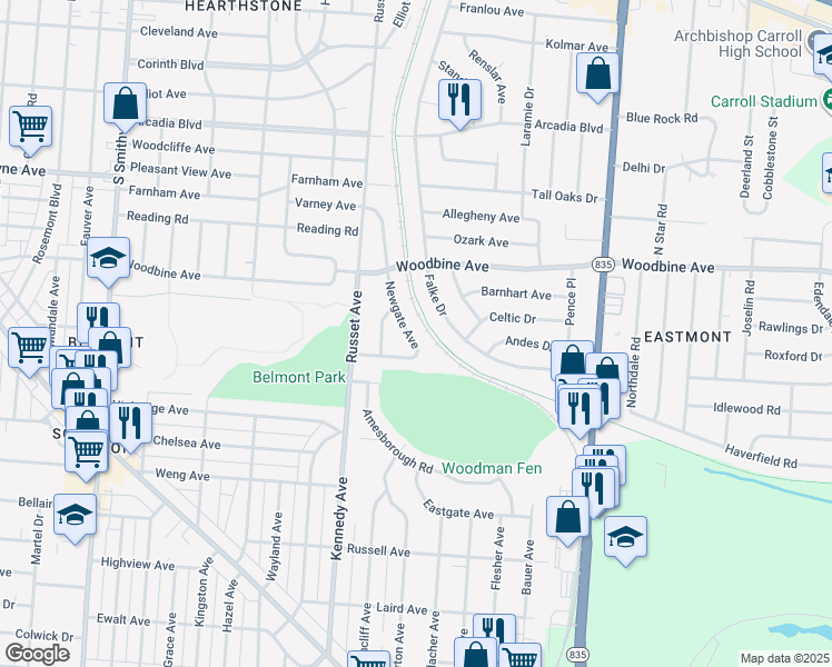 map of restaurants, bars, coffee shops, grocery stores, and more near 2273 Newgate Avenue in Dayton