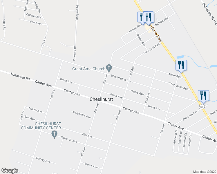 map of restaurants, bars, coffee shops, grocery stores, and more near 327 Hayes Avenue in Chesilhurst