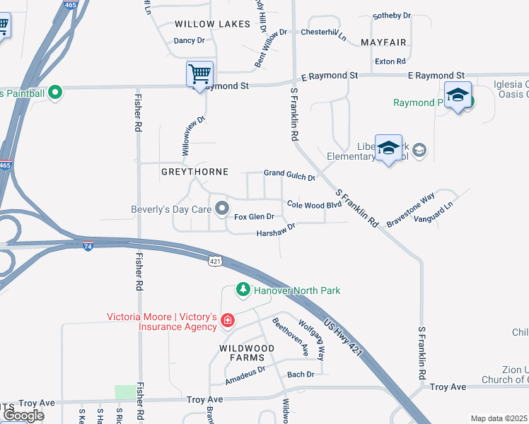 map of restaurants, bars, coffee shops, grocery stores, and more near 7864 Fox Glen Drive in Indianapolis