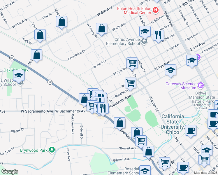 map of restaurants, bars, coffee shops, grocery stores, and more near 810 West 1st Avenue in Chico