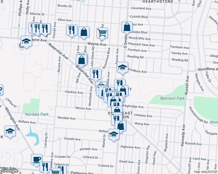 map of restaurants, bars, coffee shops, grocery stores, and more near 2317 Fauver Avenue in Dayton