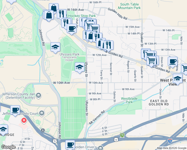 map of restaurants, bars, coffee shops, grocery stores, and more near 1045 Terry Street in Golden