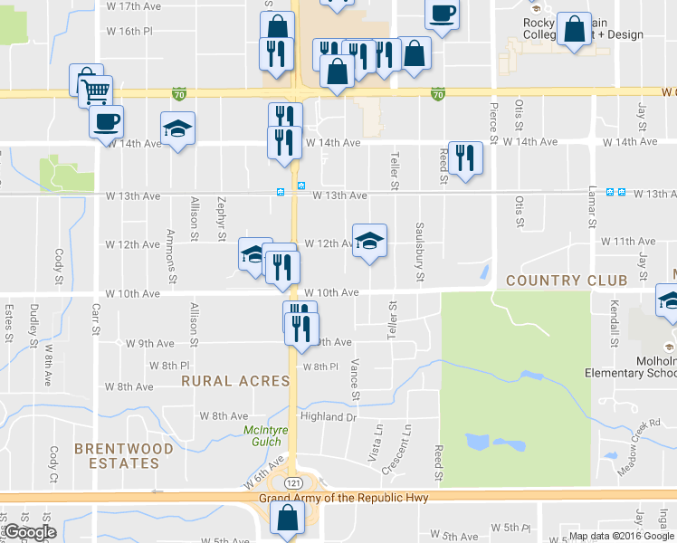 map of restaurants, bars, coffee shops, grocery stores, and more near 1081 Vance St in Lakewood