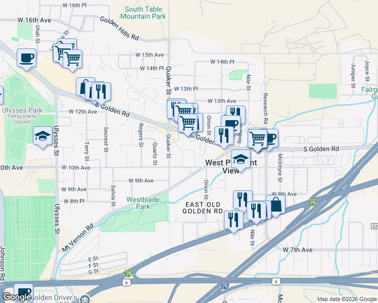 map of restaurants, bars, coffee shops, grocery stores, and more near 16259 West 10th Avenue in Golden