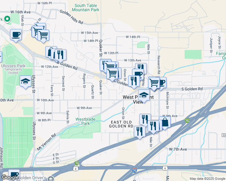 map of restaurants, bars, coffee shops, grocery stores, and more near 16259 West 10th Avenue in Golden
