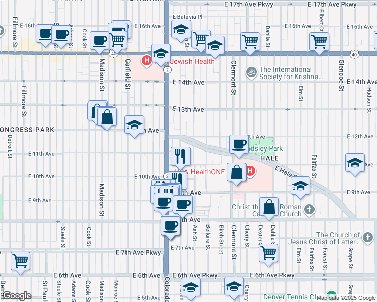 map of restaurants, bars, coffee shops, grocery stores, and more near 1170 Ash Street in Denver