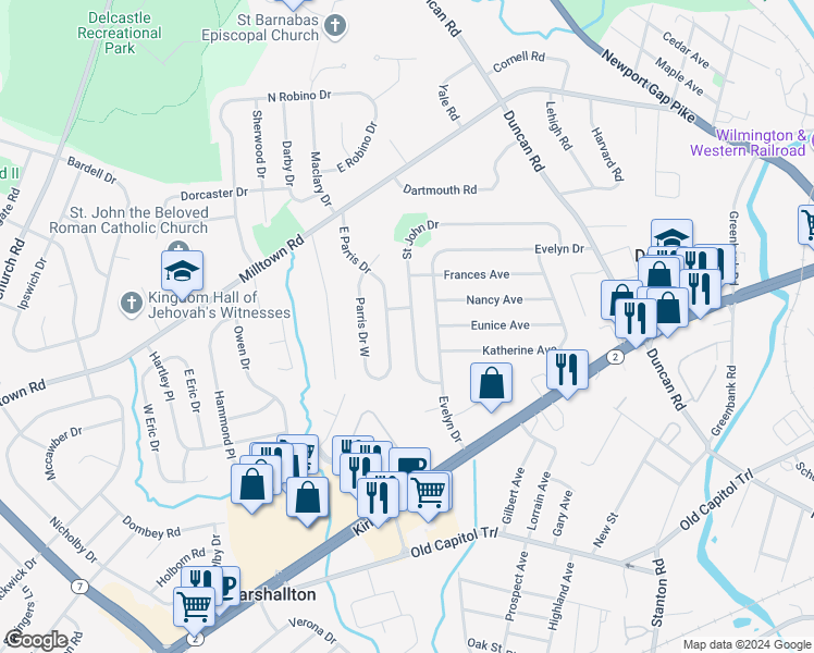 map of restaurants, bars, coffee shops, grocery stores, and more near 105 Saint John Drive in Wilmington