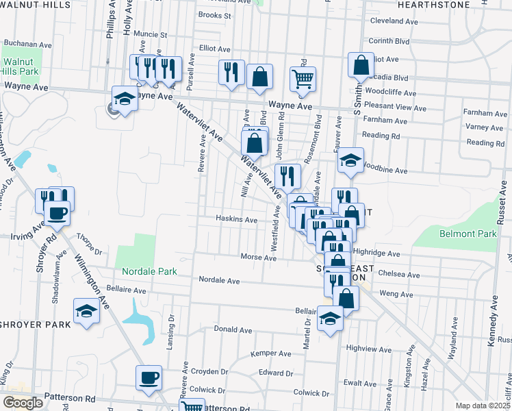 map of restaurants, bars, coffee shops, grocery stores, and more near 24 Lutz Avenue in Dayton