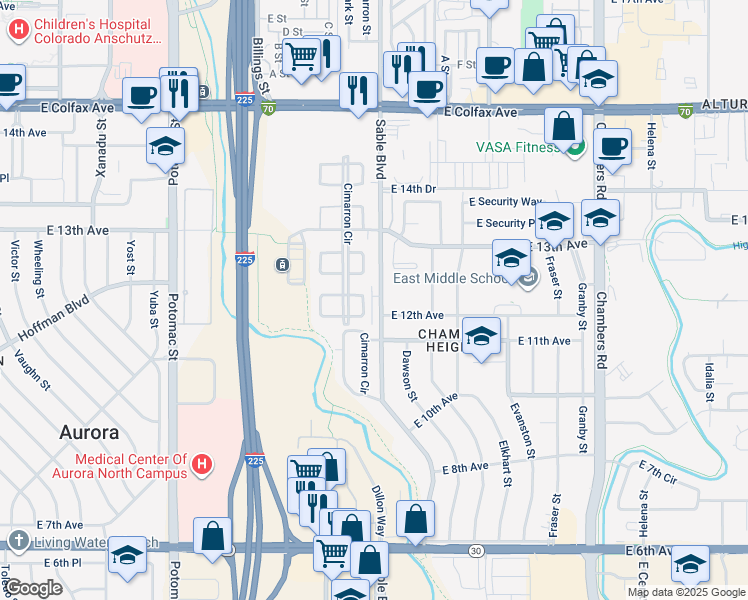 map of restaurants, bars, coffee shops, grocery stores, and more near 14470 East 13th Avenue in Aurora