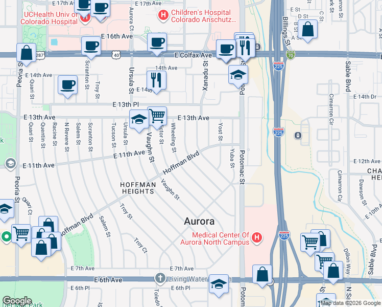 map of restaurants, bars, coffee shops, grocery stores, and more near 1187 Xanadu Street in Aurora