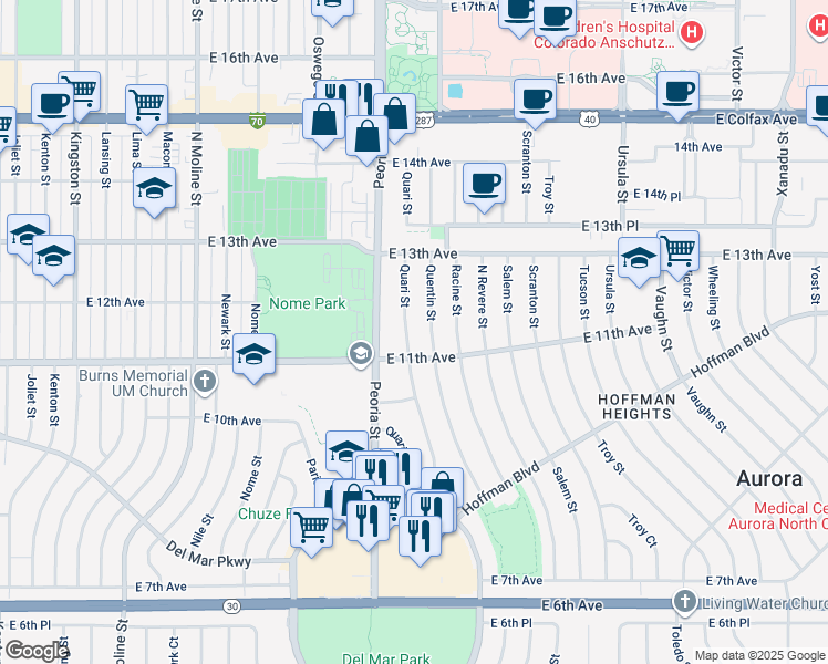 map of restaurants, bars, coffee shops, grocery stores, and more near 1129 Quentin Street in Aurora