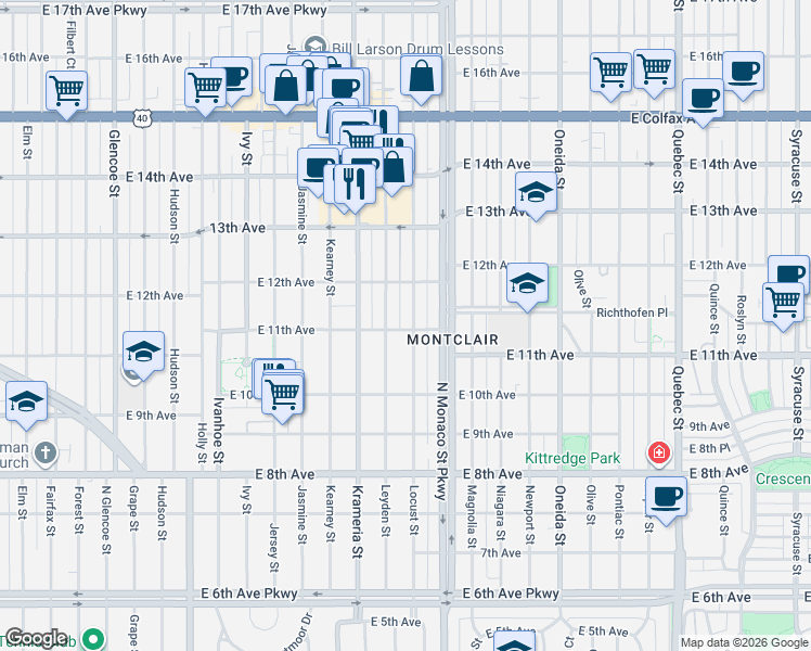 map of restaurants, bars, coffee shops, grocery stores, and more near 1095 North Locust Street in Denver