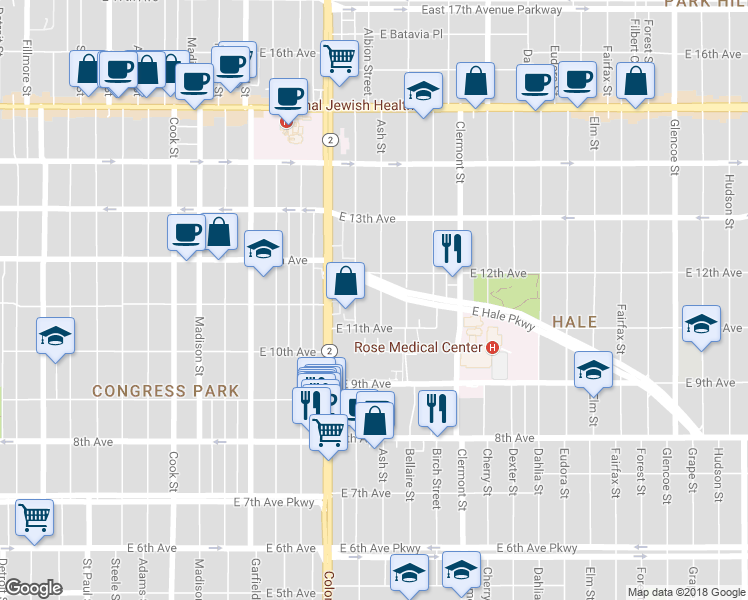 map of restaurants, bars, coffee shops, grocery stores, and more near 1170 Ash Street in Denver
