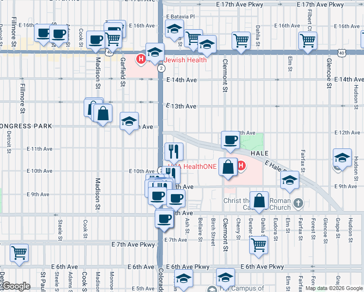 map of restaurants, bars, coffee shops, grocery stores, and more near 1170 Ash Street in Denver